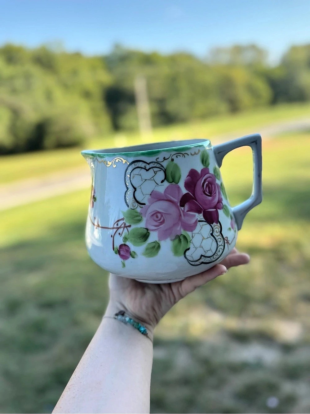 Antique Nippon hand-painted porcelain cabbage rose floral pitcher